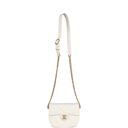 Chanel Mini Round Messenger Flap Bag White Caviar Antique Gold Hardware