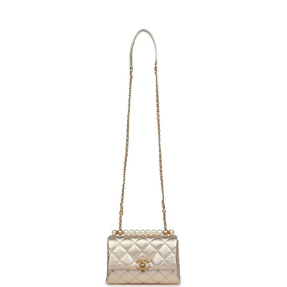 Chanel Mini Pearl Top Handle Flap Bag Metallic Gold Lambskin Brushed Gold Hardware