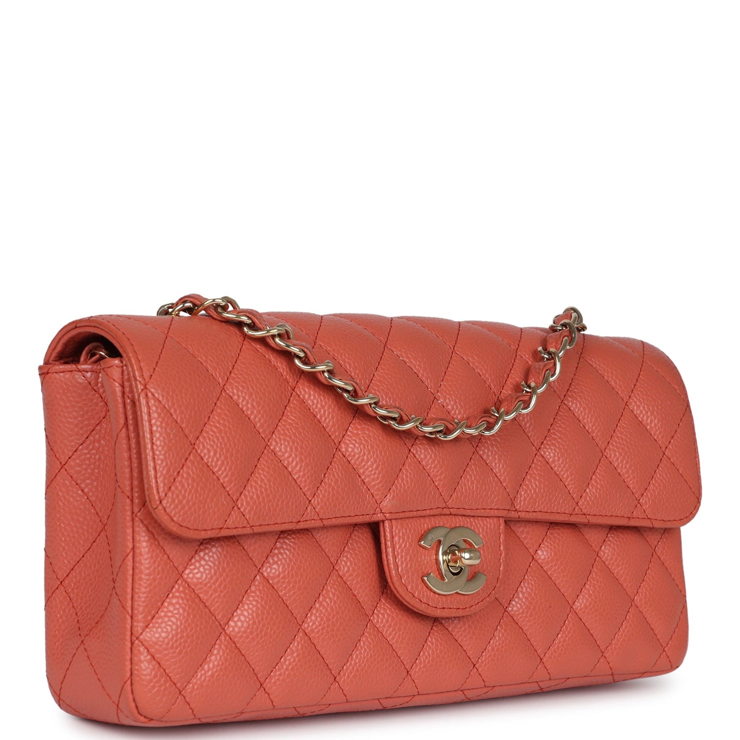 Pre-owned Chanel Classic East West Single Flap Coral Caviar Light Gold Hardware
