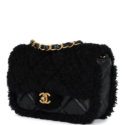 Chanel Mini Shearling Flap Bag Black Lambskin Brushed Gold Hardware