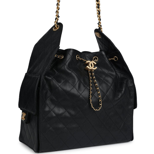 Chanel Medium 25 Hobo Bag Black Caviar Antique Gold Hardware