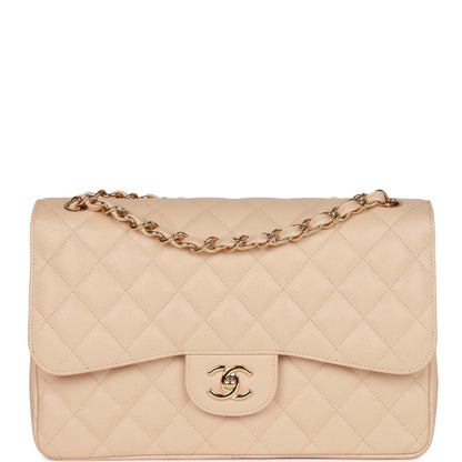 Pre-owned Chanel Jumbo Classic Double Flap Bag Beige Clair Caviar Gold Hardware