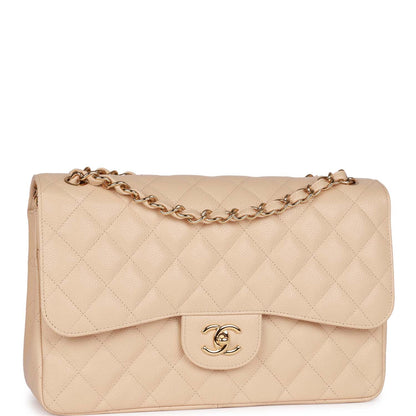 Pre-owned Chanel Jumbo Classic Double Flap Bag Beige Clair Caviar Gold Hardware