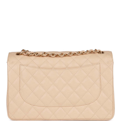 Pre-owned Chanel Jumbo Classic Double Flap Bag Beige Clair Caviar Gold Hardware