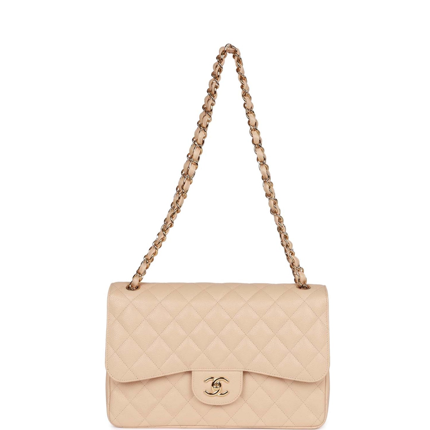 Pre-owned Chanel Jumbo Classic Double Flap Bag Beige Clair Caviar Gold Hardware