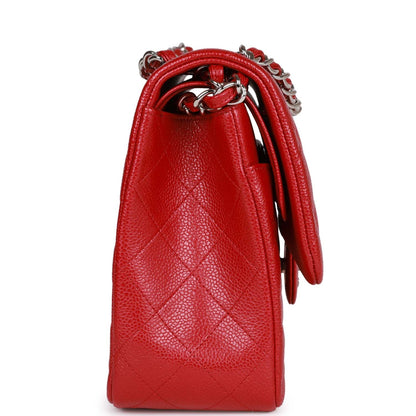 Pre-owned Chanel Jumbo Classic Double Flap Bag Metallic Red Caviar Silver Hardware