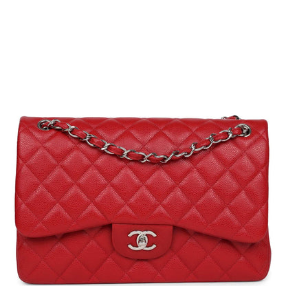 Pre-owned Chanel Jumbo Classic Double Flap Red Caviar Silver Hardware
