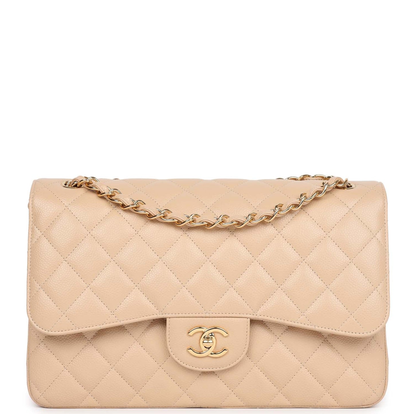 Pre-owned Chanel Jumbo Classic Double Flap Bag Light Beige Caviar Gold Hardware