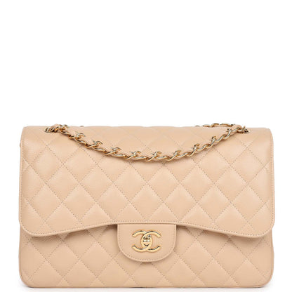 Pre-owned Chanel Jumbo Classic Double Flap Bag Light Beige Caviar Gold Hardware