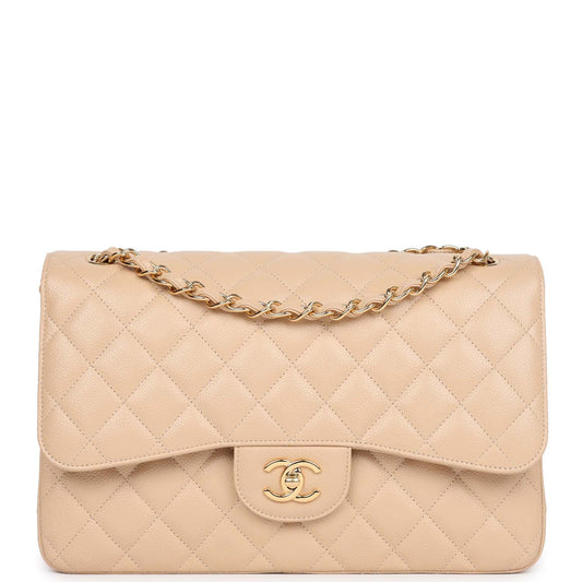 Pre-owned Chanel Jumbo Classic Double Flap Bag Light Beige Caviar Gold Hardware