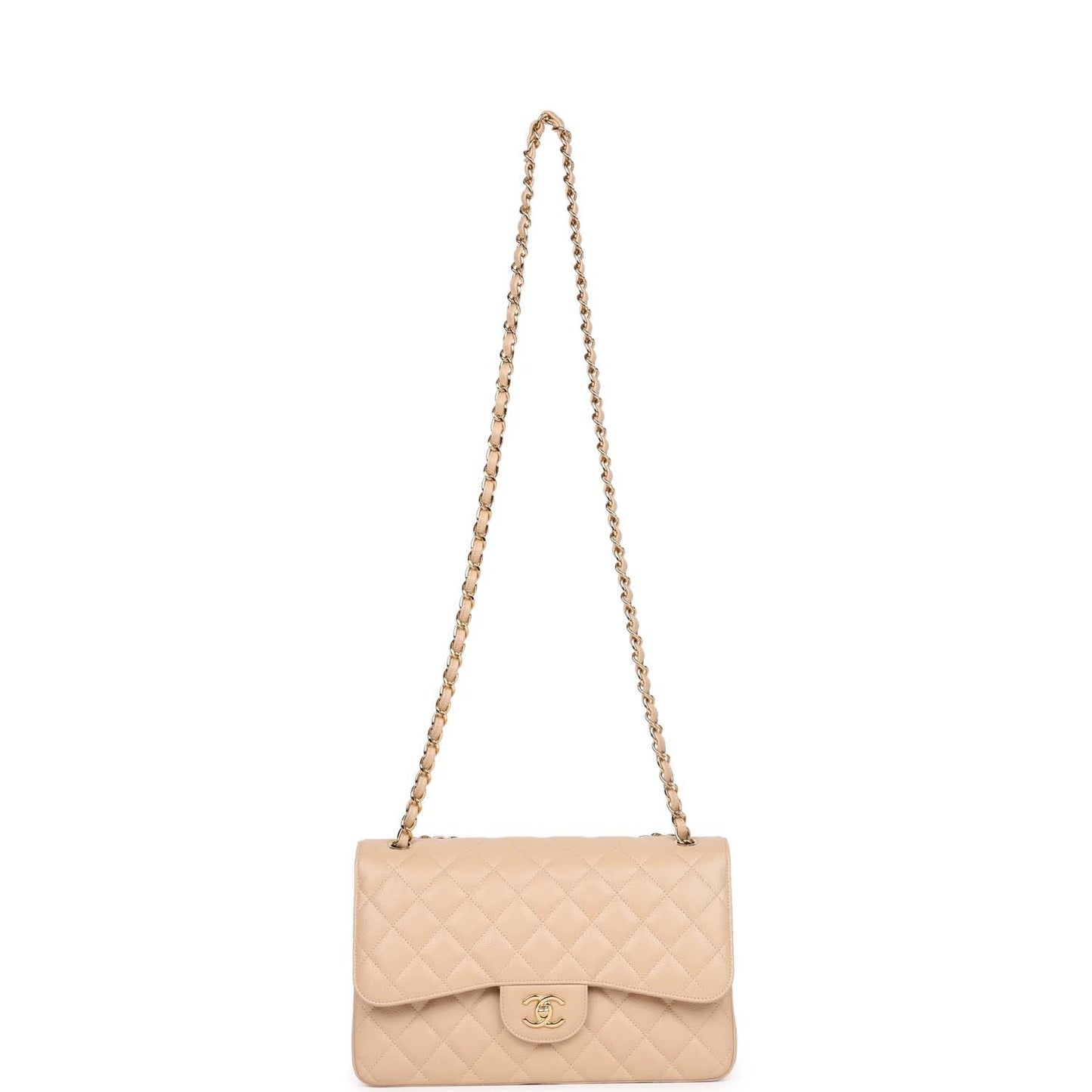 Pre-owned Chanel Jumbo Classic Double Flap Bag Light Beige Caviar Gold Hardware