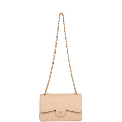 Pre-owned Chanel Jumbo Classic Double Flap Bag Light Beige Caviar Gold Hardware