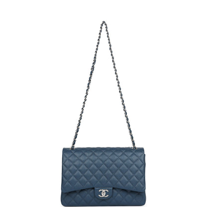 Chanel Maxi Classic Double Flap Bag Dark Blue Caviar Silver Hardware