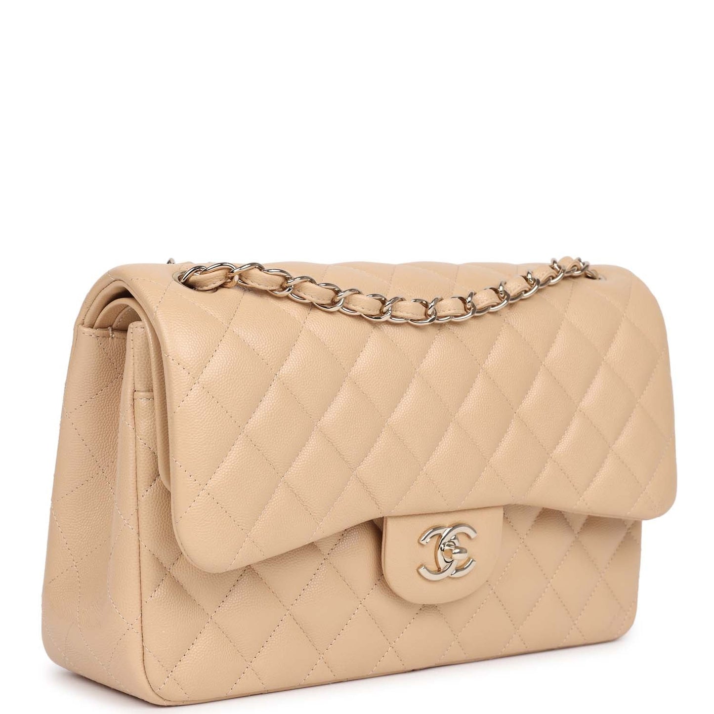 Pre-owned Chanel Jumbo Classic Double Flap Bag Light Beige Caviar Gold Hardware