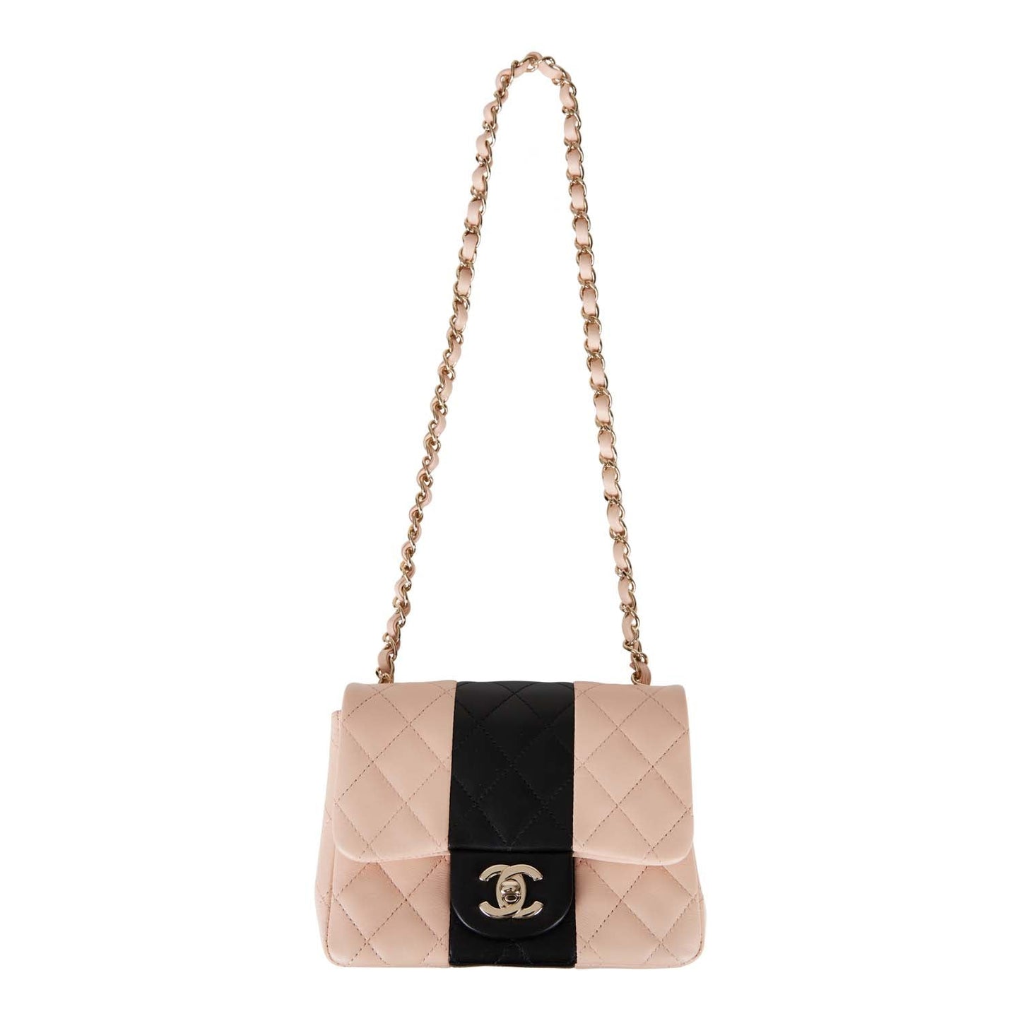 Chanel Mini Square Flap Bag Pink and Black Lambskin Light Gold Hardware