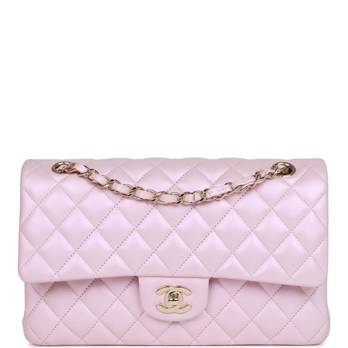 Chanel Medium Classic Double Flap Bag Pink Iridescent Lambskin Light Gold Hardware