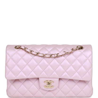 Chanel Medium Classic Double Flap Bag Pink Iridescent Lambskin Light Gold Hardware