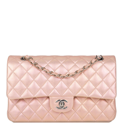 Chanel  Medium Classic Double Flap Bag Pink Iridescent Lambskin Silver Hardware