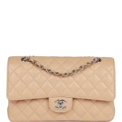 Chanel Medium Classic Double Flap Bag Beige Caviar Silver Hardware