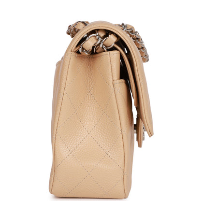 Chanel Medium Classic Double Flap Bag Beige Caviar Silver Hardware