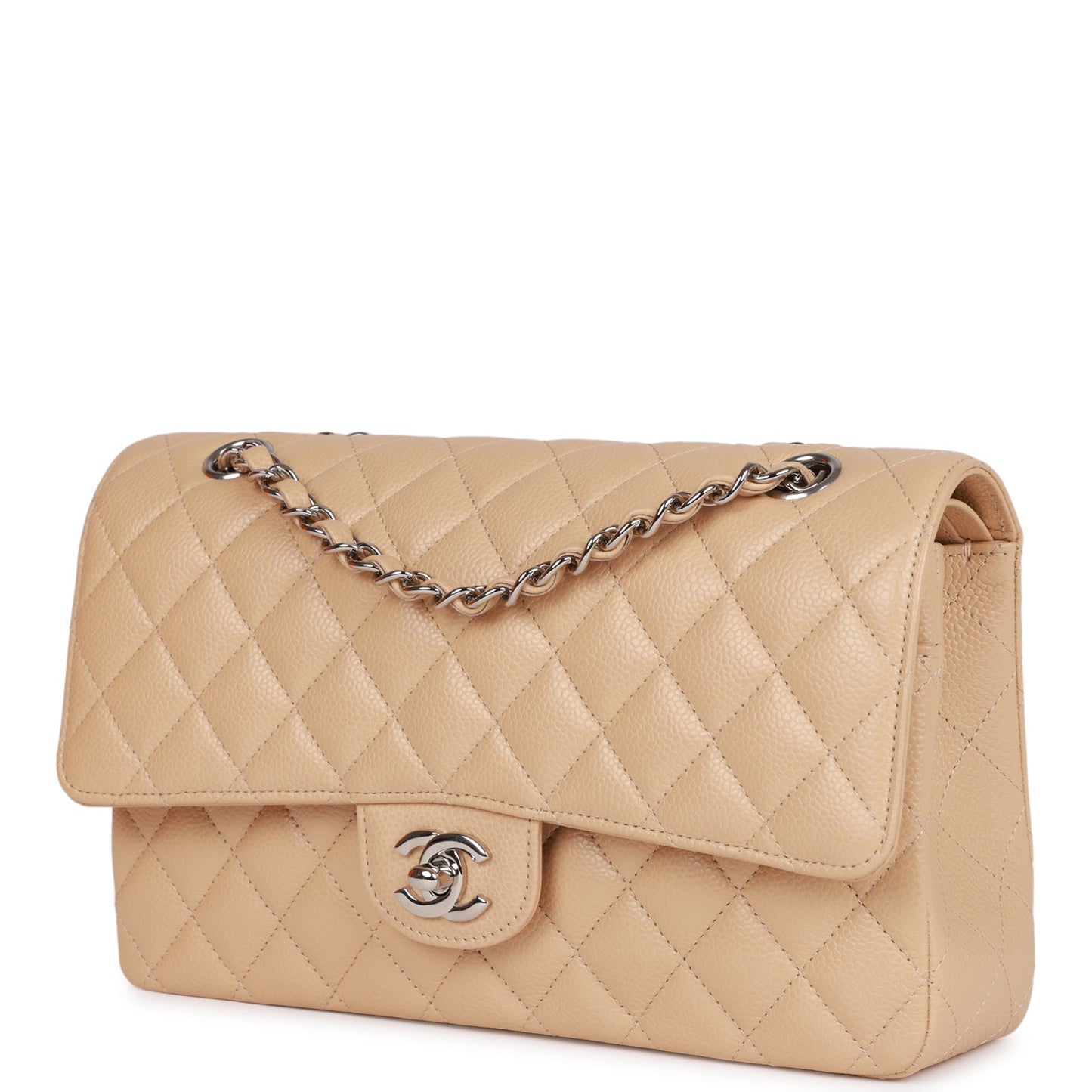 Chanel Medium Classic Double Flap Bag Beige Caviar Silver Hardware