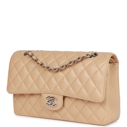 Chanel Medium Classic Double Flap Bag Beige Caviar Silver Hardware