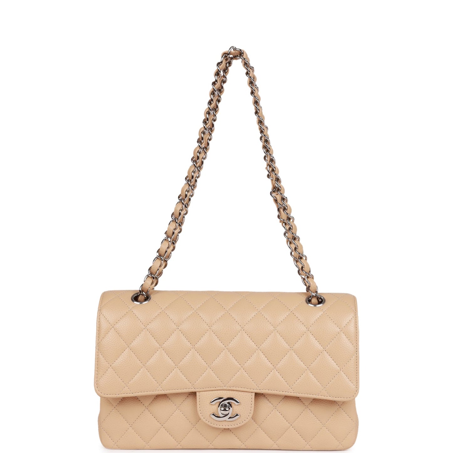 Chanel Medium Classic Double Flap Bag Beige Caviar Silver Hardware