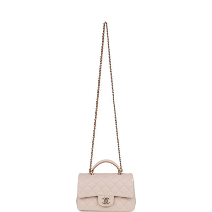 Chanel Mini Flap with Top Handle Beige and Caramel Lambskin Light Gold Hardware