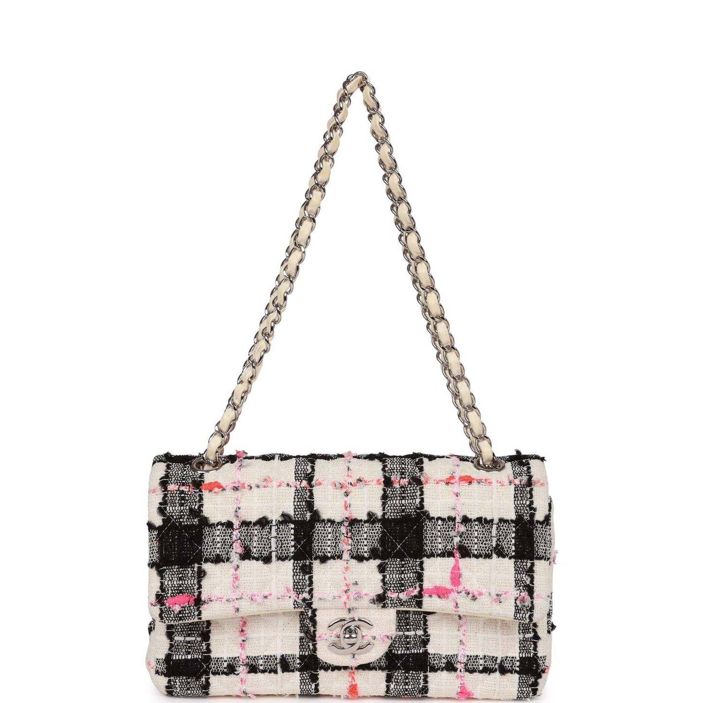 Pre-owned Chanel Medium Classic Double Flap Bag White, Black, and Pink Tweed Silver Hardware