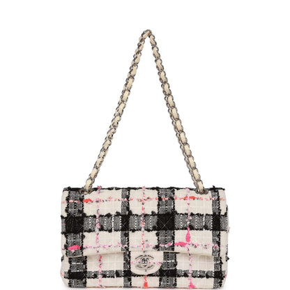 Pre-owned Chanel Medium Classic Double Flap Bag White, Black, and Pink Tweed Silver Hardware