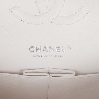 Pre-owned Chanel Medium Classic Double Flap Bag White, Black, and Pink Tweed Silver Hardware