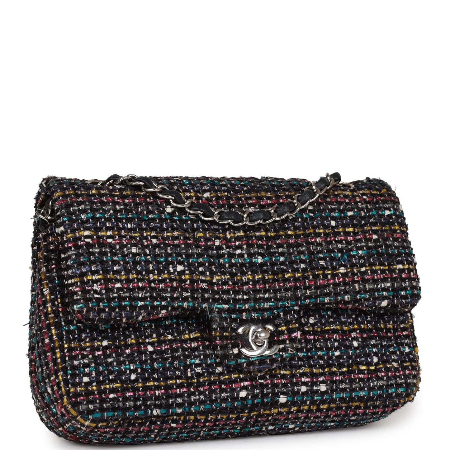 Pre-owned Chanel Medium Classic Double Flap Bag White and Black Tweed Boucle Silver Hardware