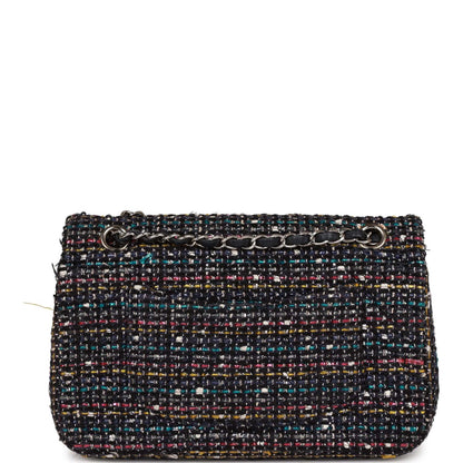 Pre-owned Chanel Medium Classic Double Flap Bag White and Black Tweed Boucle Silver Hardware