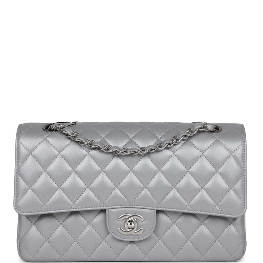 Chanel Medium Classic Double Flap Bag Silver Metallic Lambskin Silver Hardware