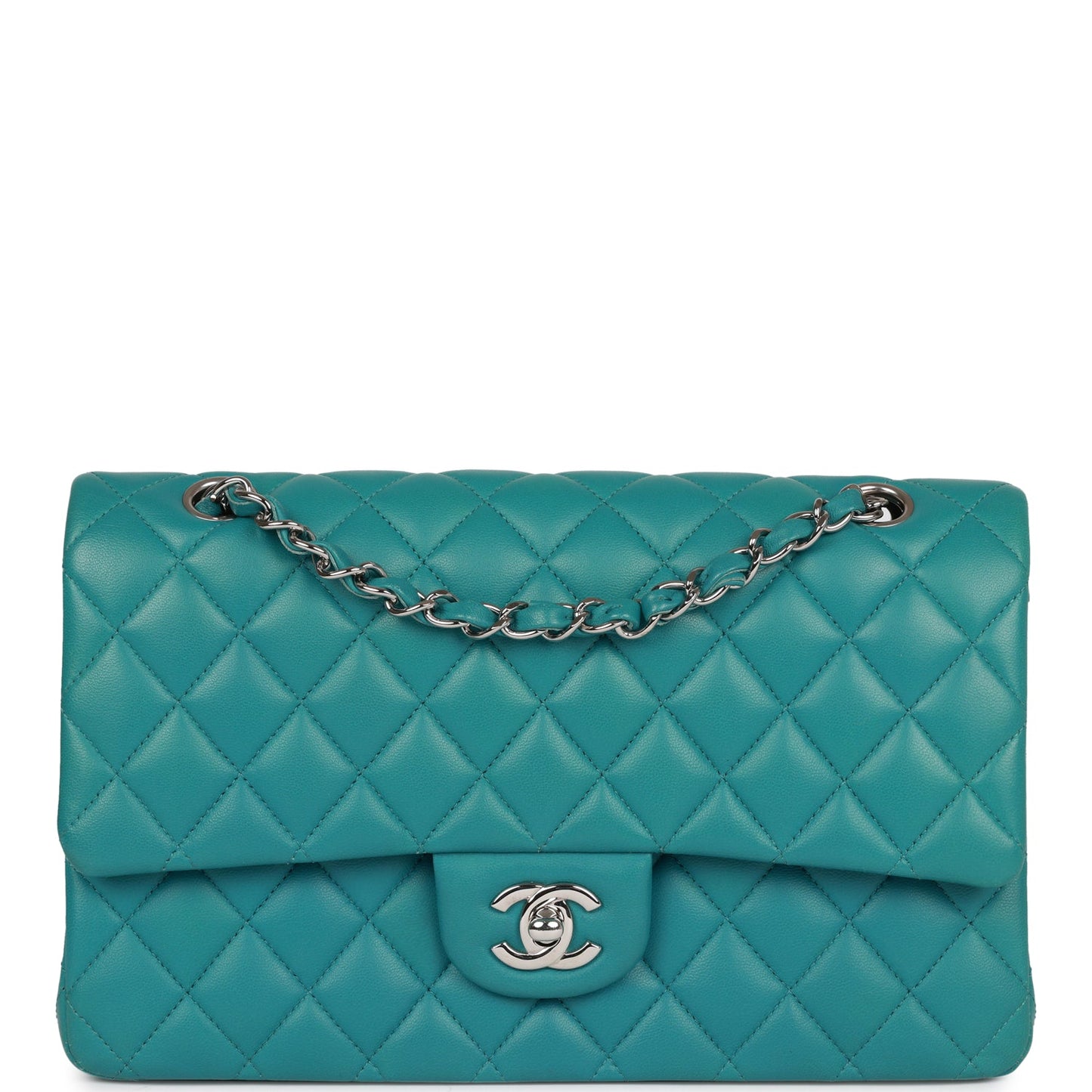 Pre-owned Chanel Medium Classic Double Flap Bag Blue Lambskin Silver Hardware