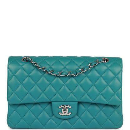 Pre-owned Chanel Medium Classic Double Flap Bag Blue Lambskin Silver Hardware