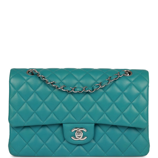Pre-owned Chanel Medium Classic Double Flap Bag Blue Lambskin Silver Hardware