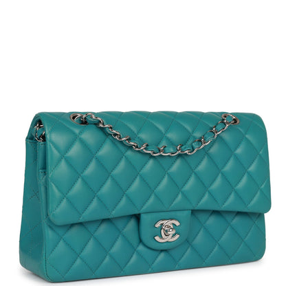 Pre-owned Chanel Medium Classic Double Flap Bag Blue Lambskin Silver Hardware