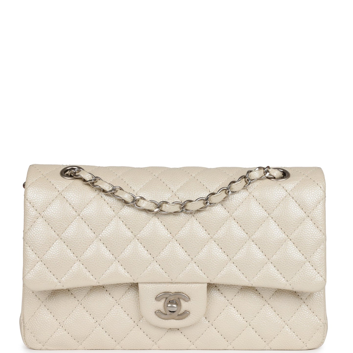 Pre-owned Chanel Medium Classic Double Flap Pearlescent Ivory Caviar Brushed Silver Hardware