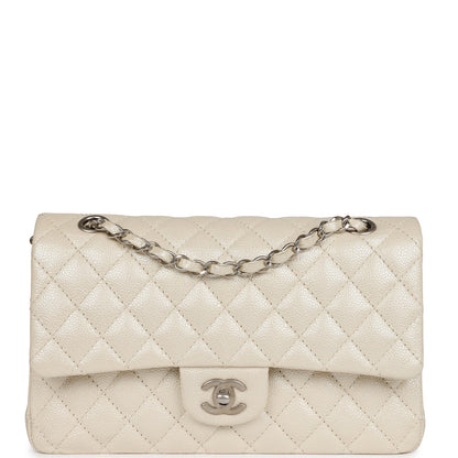 Pre-owned Chanel Medium Classic Double Flap Pearlescent Ivory Caviar Brushed Silver Hardware