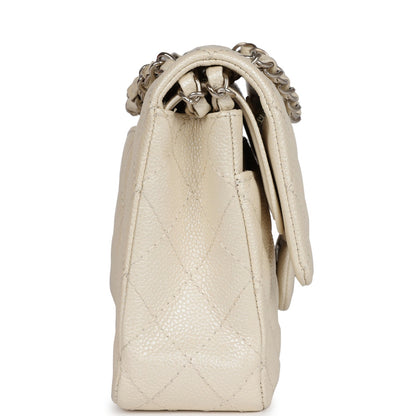 Pre-owned Chanel Medium Classic Double Flap Pearlescent Ivory Caviar Brushed Silver Hardware