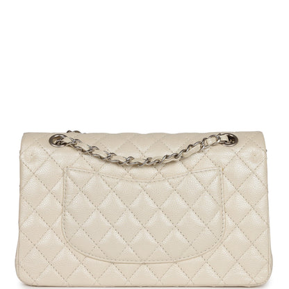 Pre-owned Chanel Medium Classic Double Flap Pearlescent Ivory Caviar Brushed Silver Hardware