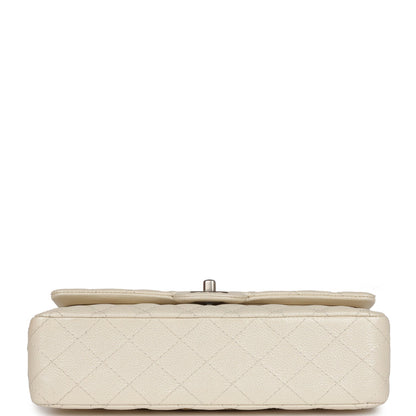 Pre-owned Chanel Medium Classic Double Flap Pearlescent Ivory Caviar Brushed Silver Hardware