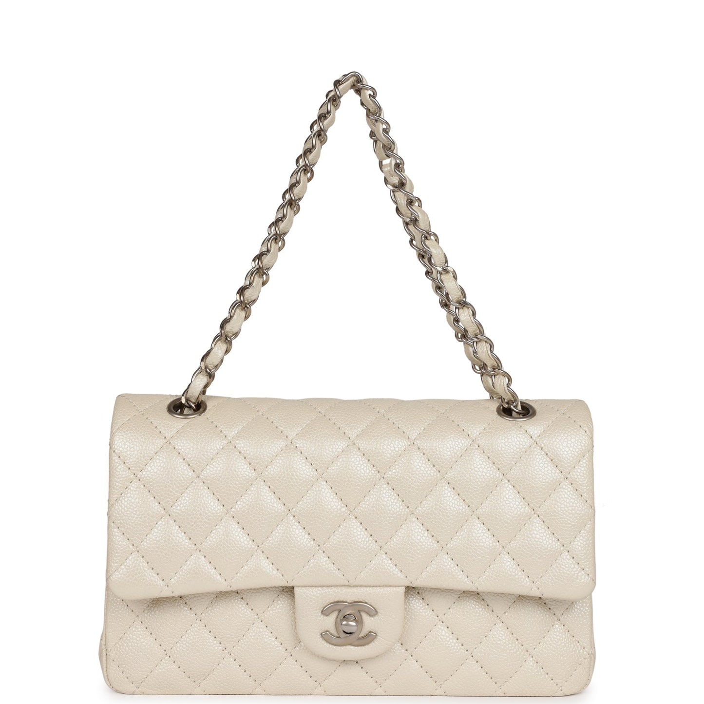 Pre-owned Chanel Medium Classic Double Flap Pearlescent Ivory Caviar Brushed Silver Hardware