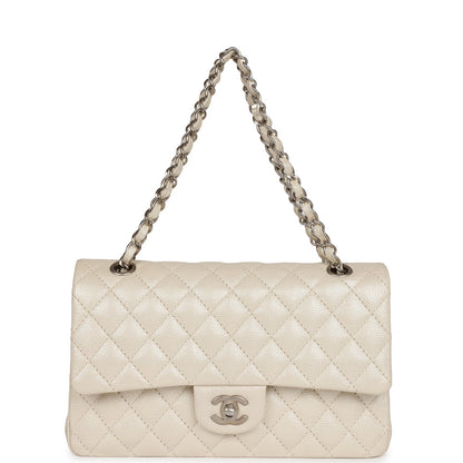 Pre-owned Chanel Medium Classic Double Flap Pearlescent Ivory Caviar Brushed Silver Hardware