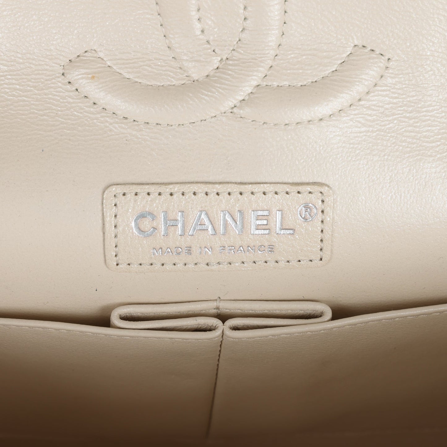 Pre-owned Chanel Medium Classic Double Flap Pearlescent Ivory Caviar Brushed Silver Hardware