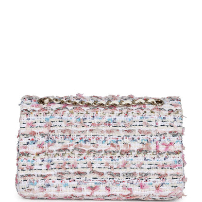 Pre-owned Chanel Medium Classic Double Flap White Multicolored Tweed Light Gold Hardware