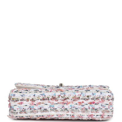 Pre-owned Chanel Medium Classic Double Flap White Multicolored Tweed Light Gold Hardware