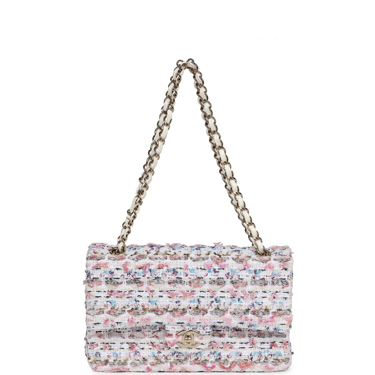 Pre-owned Chanel Medium Classic Double Flap White Multicolored Tweed Light Gold Hardware
