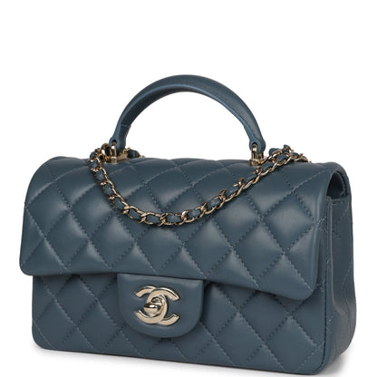 Chanel Mini Rectangular Flap with Top Handle Blue Lambskin Light Gold Hardware